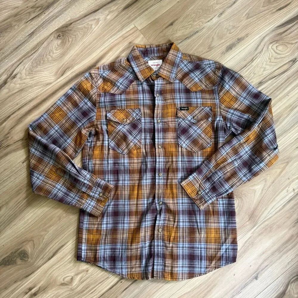Wrangler Mens Blue Gold Brown Plaid Snap Long Sleeve Flannel Western Shirt Small